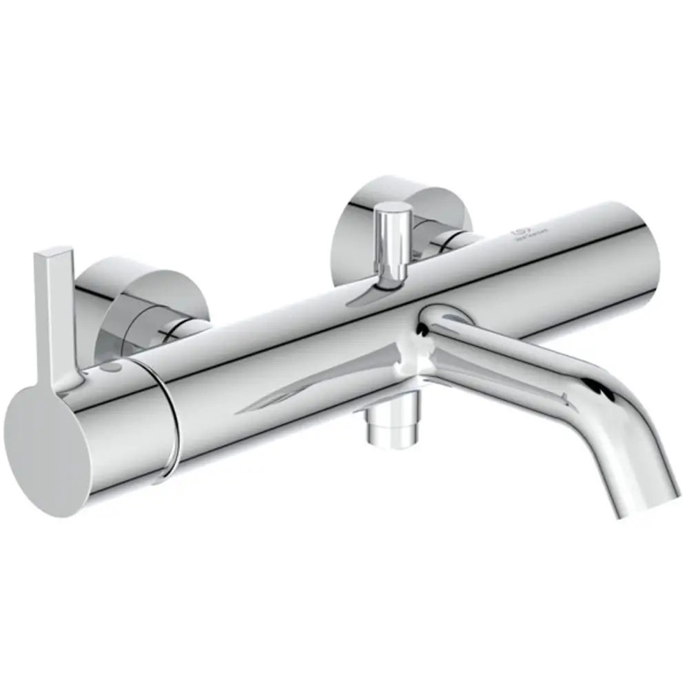 Chrom glänzende Badearmatur von Ideal Standard mit zwei Bedienelementen und einem Wasserhahn, wandmontiert, geeignet für Badezimmerinstallationen.
